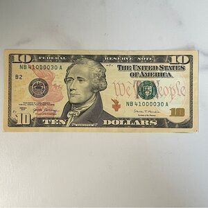 2007 $10 Bill – Fancy Serial Number 41000030 – Low Number with Quad Zeros – Circ